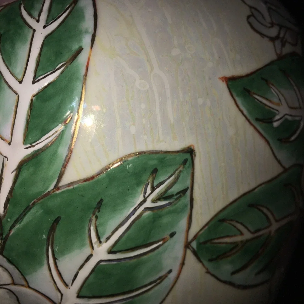 Floral Vase With  Magnolias and Gold Accents Vintage Asian Southern Style‎ Large